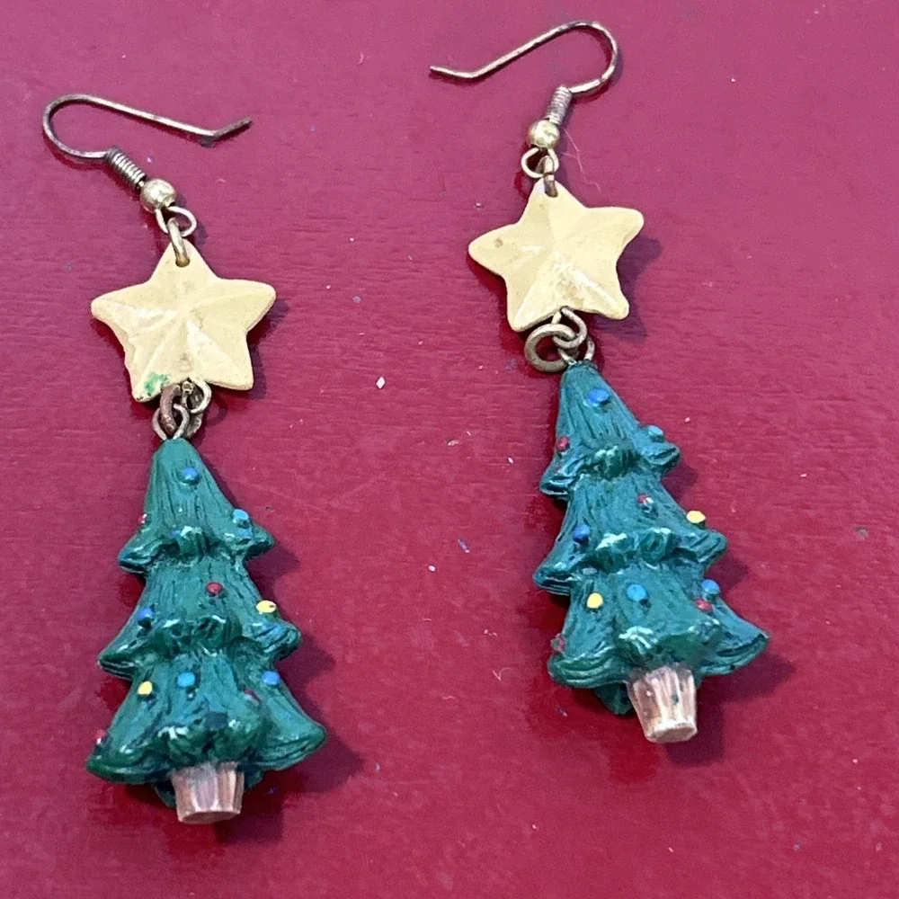Vintage Yellow Star Green Christmas Tree Dangle‎ Hook Earrings